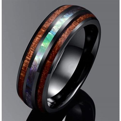FDLK 8mm Black Stainless Steel Rings Inlay Hawaiian Koa Wood and Abalone Shell Wedding Band Mens Jewelry