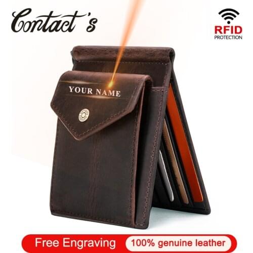 Contacts Free Engraving Genuine Leather Card Wallet Slim Money Clip Brand Money Case with Coin Pocket Men Bifold Wallets RFID