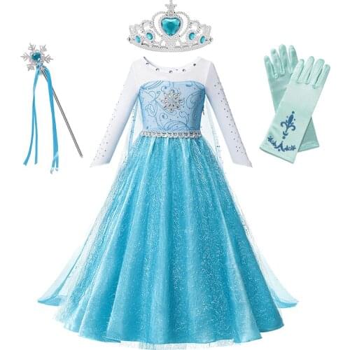 Elsa Costume Girl Princess Dress up Kids Carnival Party Fancy Dress Toddler Girl Long Sleeve Crystal Mesh Ball Gown