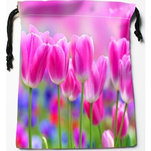 Nice Custom Flowers Tulips Printed Satin Storage Bag Drawstring Gift Bags More Size storage Custom Your Image 18*22cm