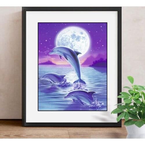 Paint With Diamonds Dolphin Full Square/Round Drill Resin DIY Moon Mosaic Diamond Embroidery Animals Decoration Home