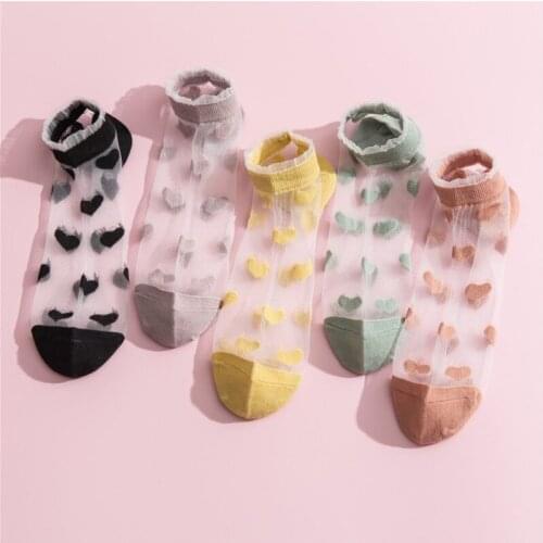 Summer Fashion Crystal Silk Socks Women Sexy Lace Mesh Fishnet Ankle Socks Heart Print Kawaii Cute Thin Transparent Short Socks