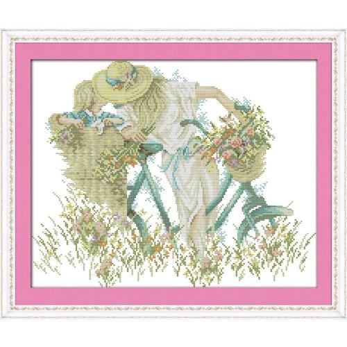Mother and daughter with bike cross stitch kit people 18ct 14ct 11ct count print canvas stitches embroidery DIY handmade
