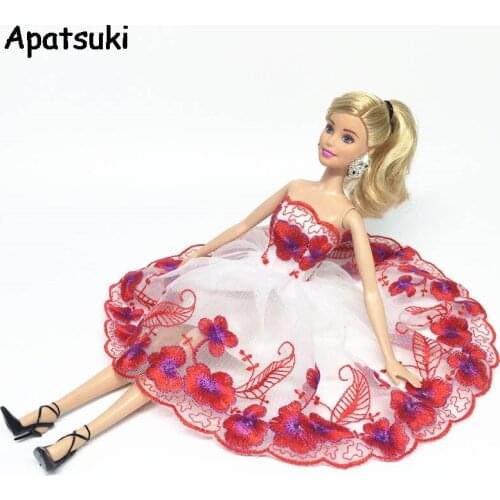 Red Flower Fashion Off-shoulder Dress For Barbie Doll Clothes 1:6 One-piece Party Dress For 1/6 BJD Dolls Accessories Kids Toy