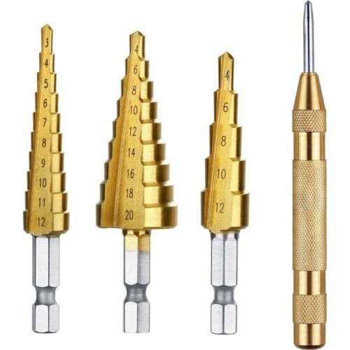 3 pcs HSS Titanium Step Drill Bit Set & 1 pcs Automatic Center Punch
