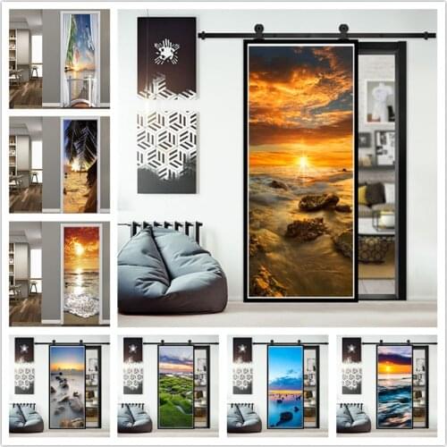 Sunset Ocean Door Sticker DIY Self-adhesive Art Door Poster Renovation Home Decor Theme Decoration For Living Room Study Mural