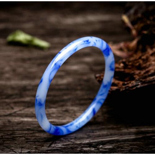 Natural Blue and White Hand-carved Round Bar Colorful Jade Bracelet Fashion Jewelry Womens Sky Blue Floating Flower Bracelet