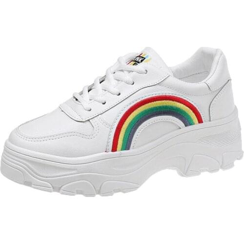 New Arrival Womens Dorky Dad Shoes for Summer Thick Soled Rainbow Pattern Ladys Sport Shoes Girls Casual Running Shoes