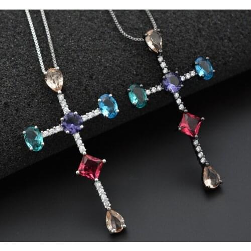 925 Sterling Silver European And American Cross-Shaped Necklace Pendant Inlaid With High-Quality And Colorful Zircons