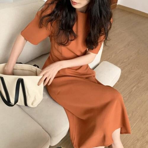 Korean Summer French Candy Round Neck Lace Up Slim Fit Loose Foam Sleeve Medium Length Dress Woman Dress