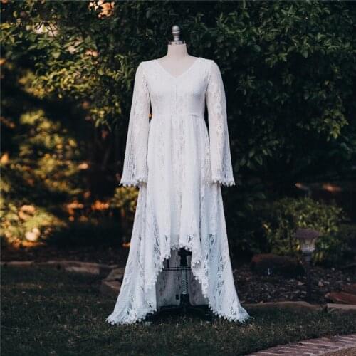 Hi-Lo Wedding Dresses Boho Bridal Gowns Long Sleeve V-Neck A-Line Lace Bohemian Bride Dress Plus Size Beach Vestidos De Novia