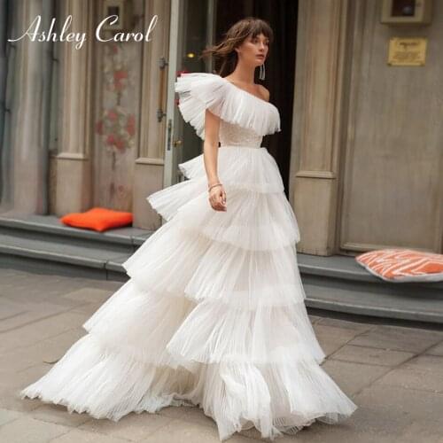 Ashley Carol One Shoulder Wedding Dresses 2021 Vestido De Noiva Tiered Ruffles Tulle Sleeveles Bride Beach A-Line Bridal Gowns