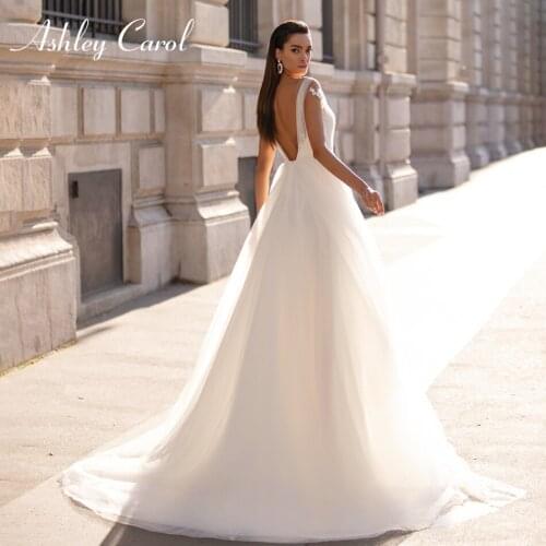 Ashley Carol A-Line Wedding Dress 2021 Glamorous Backless Sweetheart Beaded Appliques Bride Short Sleeve Tulle Beach Bridal Gown