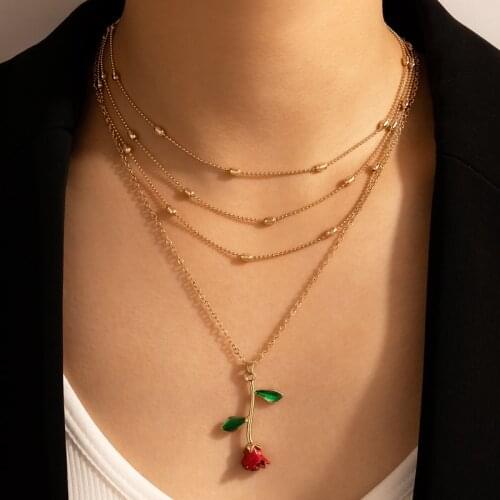 Tocona New Style Red Roseflowers Pendant Necklace for Women Charms Multi-layer Gold Alloy Metal Chain Choker Necklace Collar