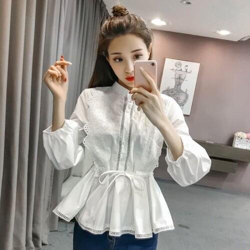 Laser Cut Insert Scalloped Peplum Blouse 2020 White Eyelet Embroidery Long Sleeve Bishop Sleeve Womens Tops And Blouses
