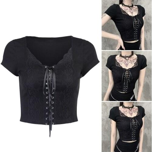 Women Lace Stitching Cropped T-Shirt Black Sexys Slimming Top for 2021 Summer New Fashion Style TT@88