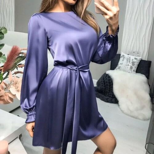 Womens fashion Satin lantern sleeves long sleeve skirt with belt