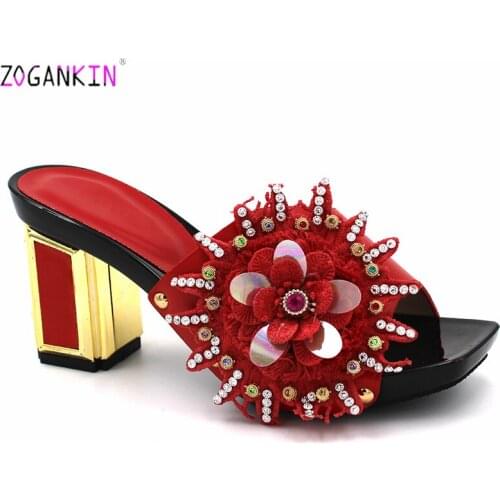 Leisure Style African Women Shoes with Appliques Comfortable Hees Slipper with Shinning Crystal in Red Color For Party
