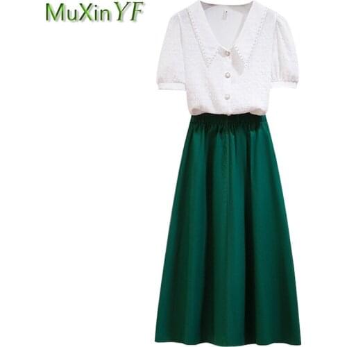 2021 Summer Womens 2 Pcs Clothing Set Office Lady Graceful Pearl Button Tops+Green Long Skirts Suit Sweet Puff Sleeve Shirt