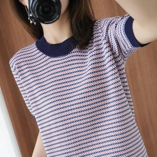 Vintage Striped O-Neck Sweater Women Summer Loose Pullover Knitted Sweaters Female Short Sleeve Casual Tops Jumpers Pull Femme