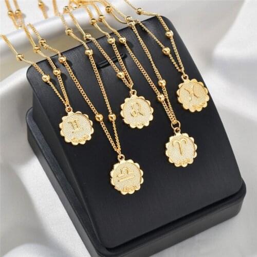 12 Constellation Zodiac Necklace For Women Gemini Virgo Coin Pendants Necklaces Gold Metal Choker Fashion Jewelry Birthday Gift