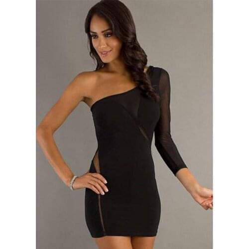 Long Sleeve One Shoulder Mini Bodycon Dress Sexy Black Hips Wrapped Women Tight Clubwear Party Dresses 3035