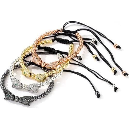 2019 Fashion CZ Leopard Head Men Bracelet Handmade Adjustable Pendant Strand Braiding Charm Bracelet For Men Women Jewelry Gift