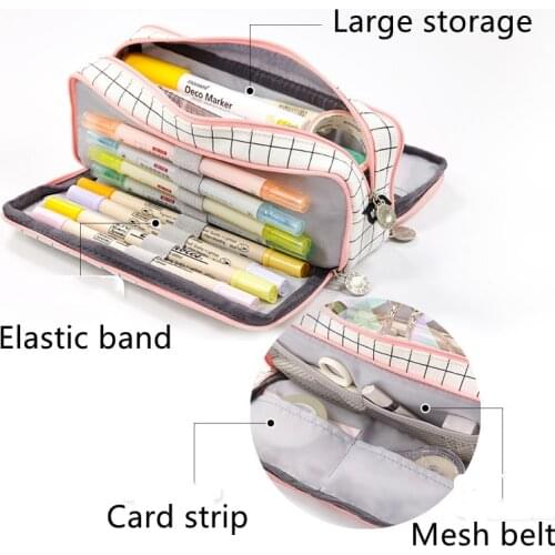 Large Pencil case Korean version Plaid canvas Color Canvas Stretch Double Layer Cute Pencilcase Kids School Stationery gifts