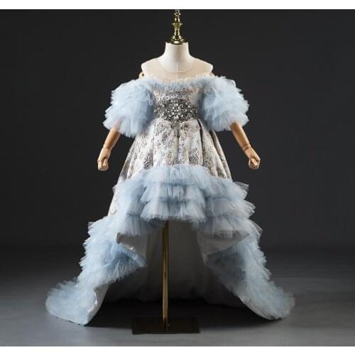 High-end Luxury Girls Catwalk Trailing Dress Fashion Mesh Stitching Beading Ball Gown Birthday Party Dress For Girl Vestidos L35