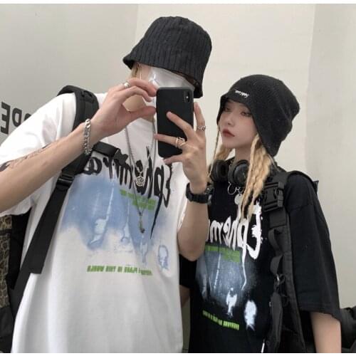 High Street Punk Double Shadow Graphic Short-Sleeved T-Shirt Couple Grunge Korean Fashion Kopp Oversized Streetwear Womens Top