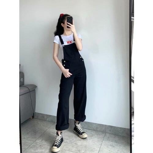 Oversize Girls Soft Cotton High Waist Pants 2021 Summer Office Ladies Loose Women Black Denim Slim Overalls