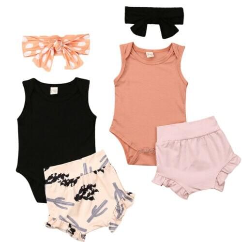 Summer Newborn Toddler Baby Girl Clothes Cotton Sleeveless Romper Shorts Headbands Summer Baby Girls Outfit Set