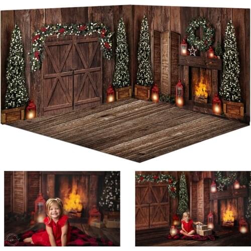 Mocsicka Christmas Wood Door Backdrop Baby Child Portrait Photography Background Pine Tree Fireplace Wooden Photocall Backdrops