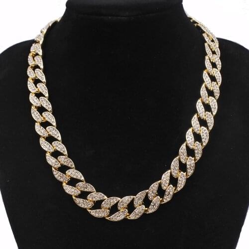 Mens Hiphop cuban chain crystal rhinestone necklace miami link gold color iced out bling bracelets rapper 16mm women jewelry
