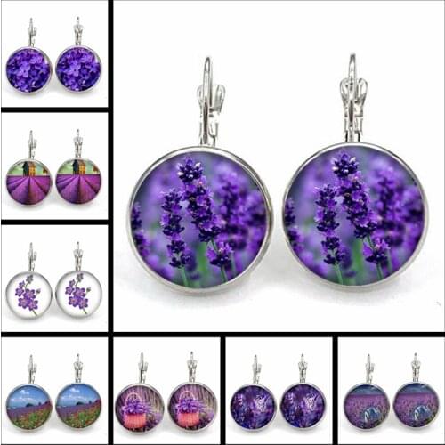 New French earrings beautiful purple lavender flowers and plants round glass cabochon earrings, girl gift earrings