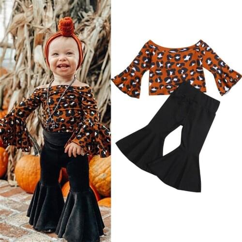 Autumn Spring Kids Baby Girls Clothes Sets Leopard Printed Off Shoulder Long Sleeve T shirt Tops Flare Pants Outfit Set