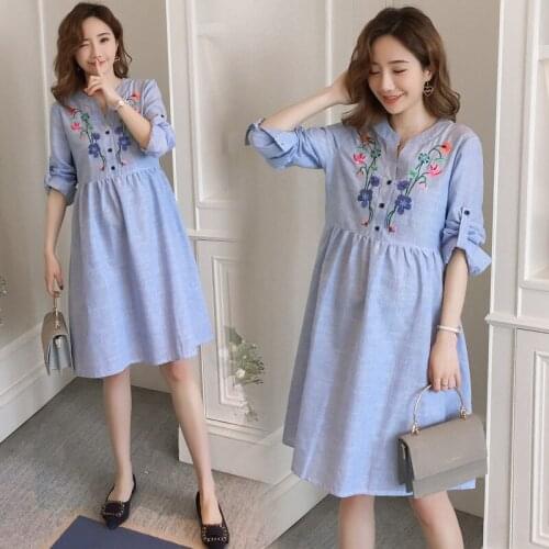 Embroidery Maternity Dresses For Pregnant Women Clothes Casual Stitch Long Sleeve Pregnancy Dress Vestidos Maternity Clothing