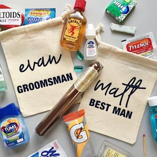 Customize groomsman bestman wedding Bachelorette Emergency Hangover survival Kits Jewelry Drawstring gift bags candy pouches