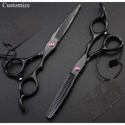 Customize professional Japan 440c 6 inch black wave hair salon scissors cutting barber thinning shears hairdressing scissors set