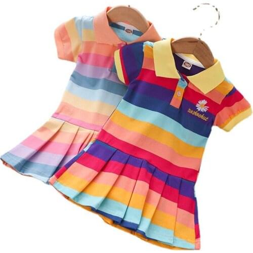 Baby Girls Rainbow Stripe Dress Summer Fashion Casual Polo Shirts 2 3 4 5 6 7 Kids Mini Ruffle Cheerleaders Cartoons Dresses
