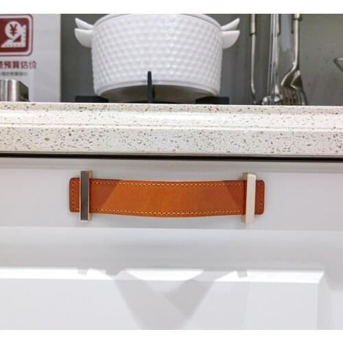 Rose gold brass square Orange Genuine leather cabinet handles dresser handles cabinet knobs and handles kitchen furniture handle