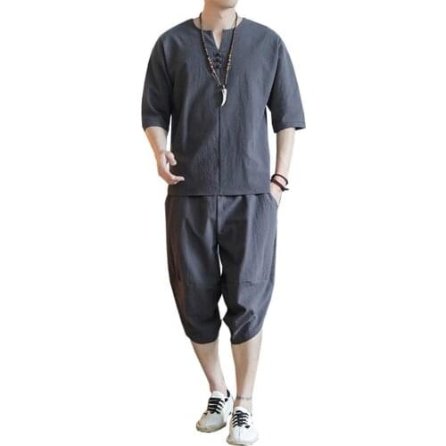 Shanghai Story Cotton Linen 2 Pcs Set Half Sleeve V Neck Henley Shirts Half Pants Chinese Style Tracksuits 6 Color