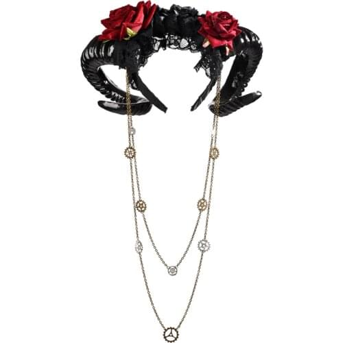 Steampunk Sheep horn Headband Roses Gear Chains Headdress Demon Evil Gothic Lolita Cosplay Halloween Headwear Prop Photography