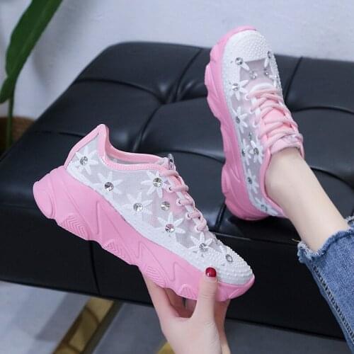 Rhinestone Platform Muffin Wedge Hollow-out Lace up Daddy Shoes Sneakers White Shoes Womens Shoes