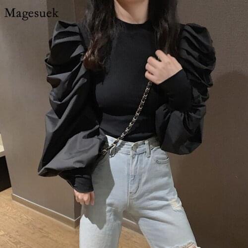 Spring 2021 New Korean Shirt O Neck Puff Long Sleeve Design Blouse Women Autumn Knitted Patchwork Slim Fit Tops Blusas 12910