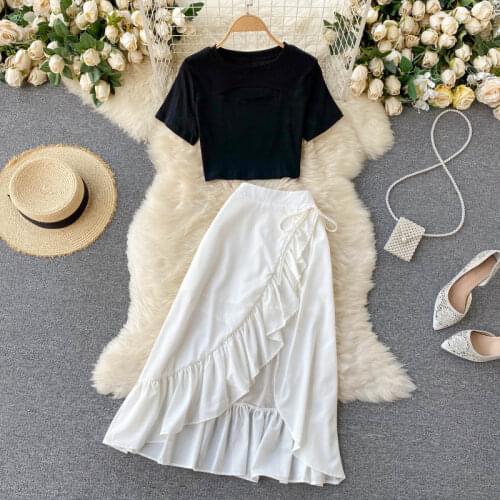 Solid Sexy Cut Out Cropped Tops Long Warp Ruffle Skirts Two Piece Set Women Matching Set Outfits Split Chiffon Skirts Summer New