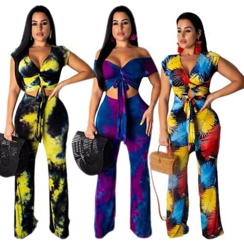 Women print two piece set summer crop top wide leg pants 2 piece set women tops pants two pieces sets womens suits summer beach