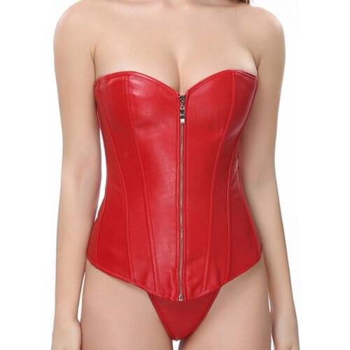 Plus Size Push Up Women Faux Leather Corset Gothic Punk Zipper Bustier Corselet