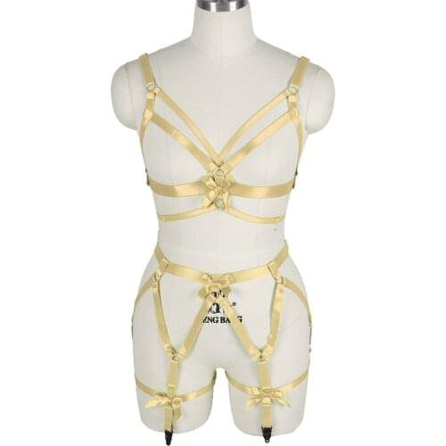 2pc Sexy Harness For Women Pink Bow Underwear Goth Punk Adjust Waist Belt Pole Dance Rave Costume Lingerie Set Bondage Suspender