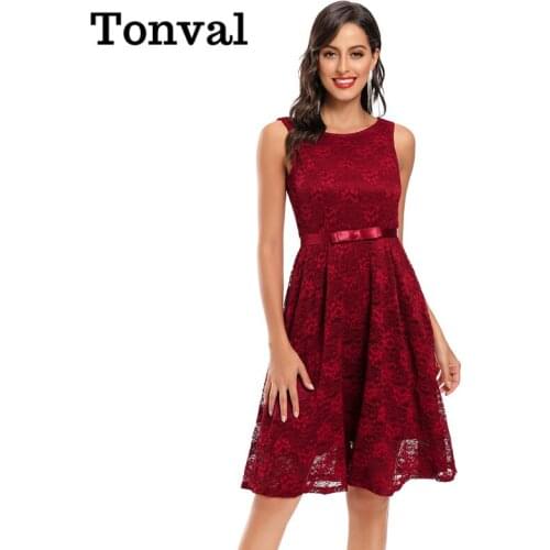 Tonval Sleeveless A Line Vintage Style Lace Formal Swing Dress Women Elegant Bow Belt O Neck Backless Gorgeous Slim Dresses